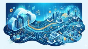 Футуристическая иллюстрация архитектуры SaaS и периферийных вычислений для облачных серверов компании AC35 Авто