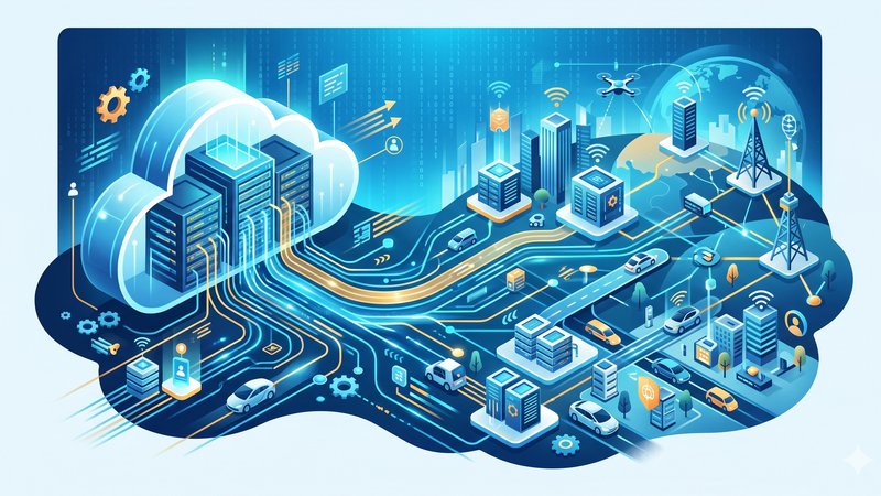 Футуристическая иллюстрация архитектуры SaaS и периферийных вычислений для облачных серверов компании AC35 Авто
